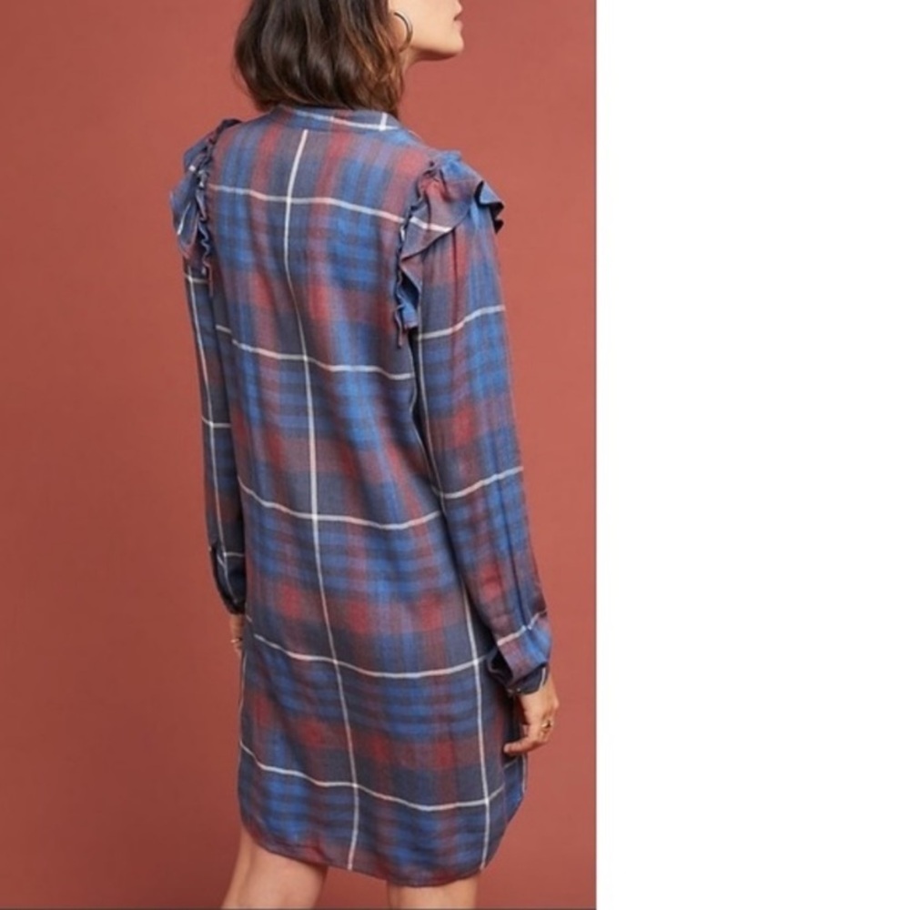Cloth & Stone for Anthropologie Plaid Ruffled Dress Blue Red Boho Sz XS - Picture 3 of 11